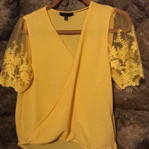 Women yellow blouse with lace see through sleeves